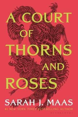 Book cover for A Court of Thorns and Roses by Sarah J. Maas (A Court of Thorns and Roses, 1 of 5) with bold yellow-red text atop a detailed black creature illustration on solid red. A trending Romance Novel popular on BookTok.