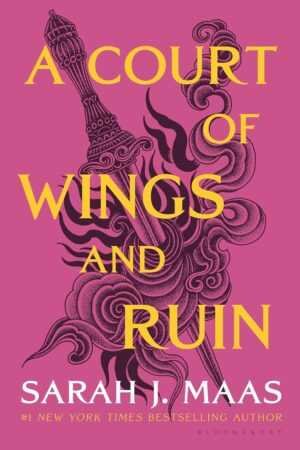 Paperback cover of A Court of Wings and Ruin by Sarah J. Maas (A Court of Thorns and Roses, 3 of 5) features a sword with swirling smoke designs; the title is in bold yellow, author's name in white and yellow below.