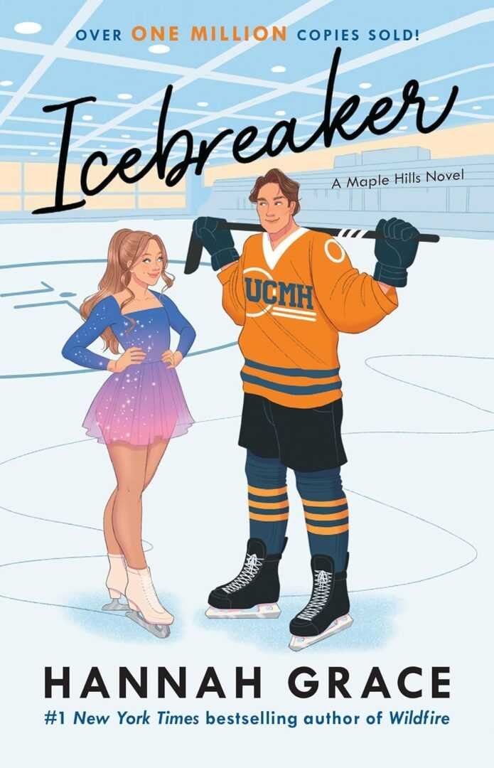 Illustrated cover for Icebreaker by Hannah Grace (Maple Hills, 1 of 3), a trending BookTok romance novel, with a smiling young woman in a purple skating dress and a male hockey player in orange and blue gear on an ice rink.