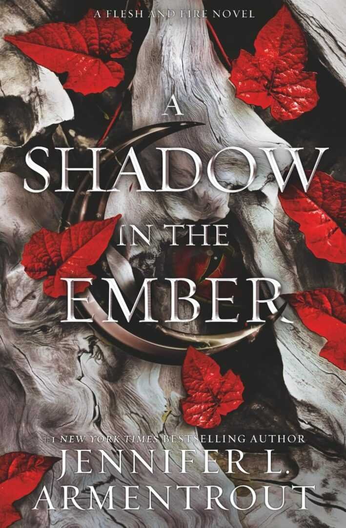 Book cover for A Shadow in the Ember by Jennifer L. Armentrout (Flesh and Fire, 1 of 4); swirling gray and black smoke, scattered red leaves, bold white text. Subtext: A Flesh and Fire Novel. Bestselling paperback romance.