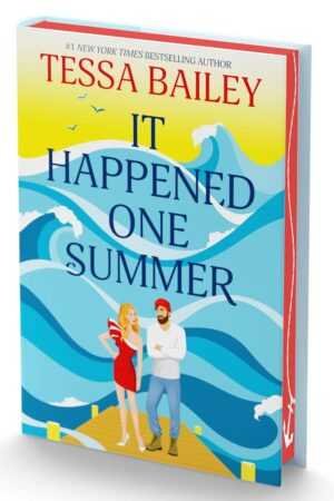 Deluxe Collector's Edition cover of It Happened One Summer by Tessa Bailey (Bellinger Sisters #1), featuring a cartoon woman in a red dress, man in a beanie on a dock, blue waves, and yellow sky.