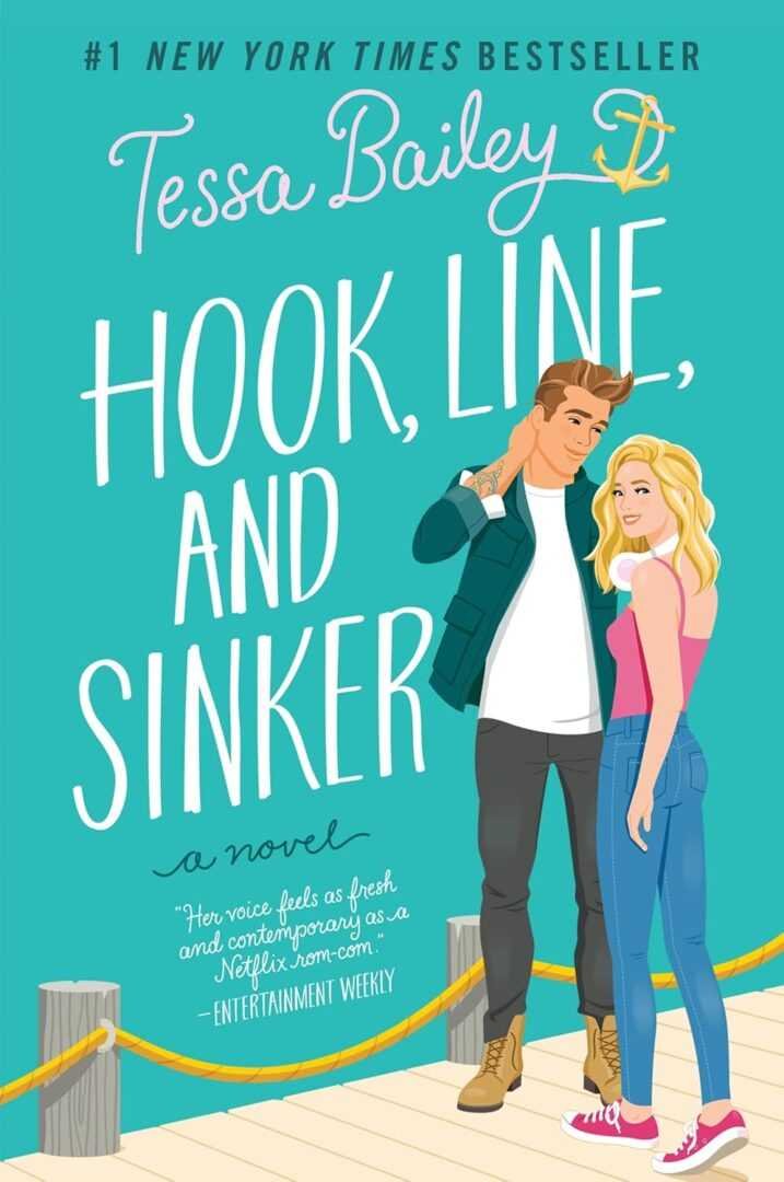 The cover of Hook, Line, and Sinker: A Novel (Bellinger Sisters, 2) by Tessa Bailey shows a smiling man in a jacket and a woman in pink top and blue jeans standing together on a dock with a teal background.