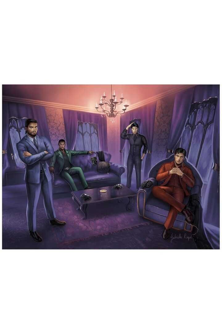 Four men in colorful suits pose confidently in an elegant, dimly lit room—evoking the intrigue found in "The Never List (Deluxe Limited Edition) by Jade Presley." Two sit on couches; two stand near a chess-adorned coffee table.
