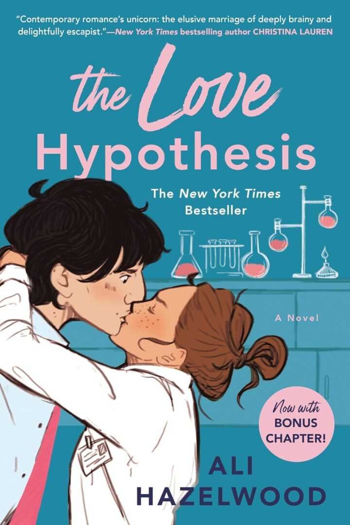 Illustrated cover of The Love Hypothesis by Ali Hazelwood, a bestselling viral romance novel. It shows a man and woman in lab coats sharing a kiss in a laboratory with beakers and test tubes—a top BookTok recommendation.