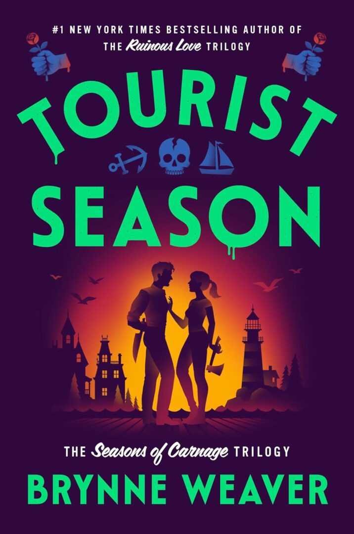 The cover of Tourist Season by Brynne Weaver (Seasons of Carnage Trilogy, 1 of 3) shows a suited man, a woman holding a knife near a lighthouse at sunset, and icons—city skyline, ships, skull, anchor—above the title. Perfect for Trending BookTok Books fans.