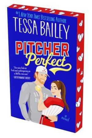 3D cover of Pitcher Perfect by Tessa Bailey (Big Shots, 4 of 5). A trending BookTok novel with a smiling man in a baseball cap and jersey holding a woman in a red dress, set against a blue backdrop with white heart-shaped baseballs.