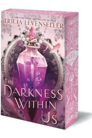 A 3D-rendered book, The Darkness Within Us (Deluxe Edition) by Tricia Levenseller (The Stathos Sisters, 2 of 2), features a pink faceted vial with beads and a feather on an ornate background.