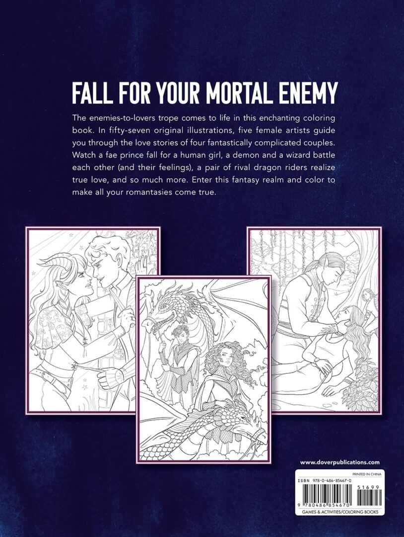 The back cover of Enemies to Lovers: A Romantasy Coloring Book by Ledesma & Eeva Nikunen features three outlined illustrations—a couple about to kiss, a girl and a dragon, and a pair holding hands—on a dark blue, fantasy-themed background.