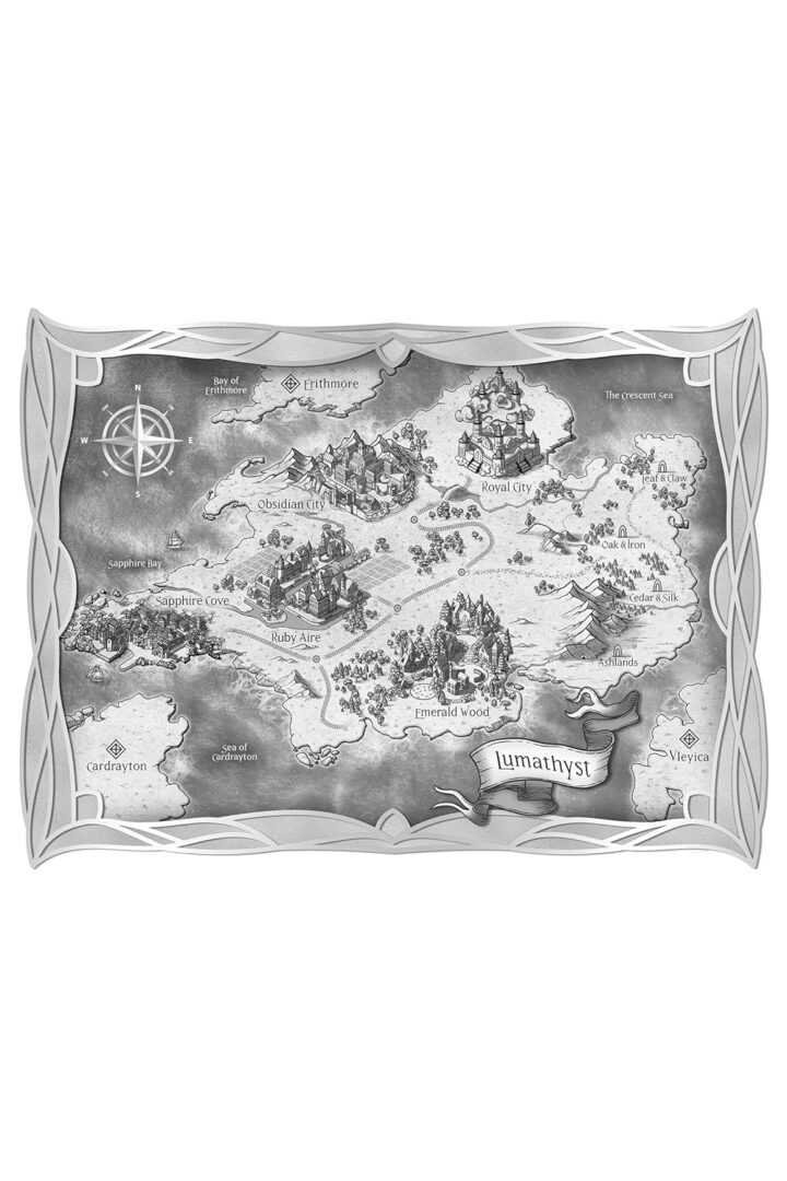 A black-and-white fantasy map labeled Lumathyst shows cities, forests, and landmarks like Royal City and Sapphire Cove—perfect for fans of viral BookTok picks like The Never List (Deluxe Limited Edition) by Jade Presley.