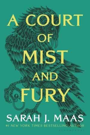 Book cover of A Court of Mist and Fury by Sarah J. Maas (A Court of Thorns and Roses, 2 of 5), a trending BookTok romance, features bold yellow title text above a black bird with detailed feathers on green; author’s name is at the bottom.