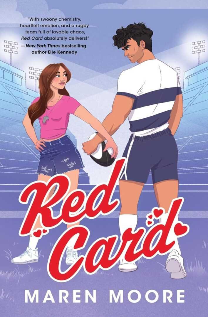Illustrated cover of Red Card by Maren Moore (Prescott University), a trending BookTok title, shows a smiling woman in a pink top facing a muscular rugby player with a striped jersey and rugby ball on a stadium field.