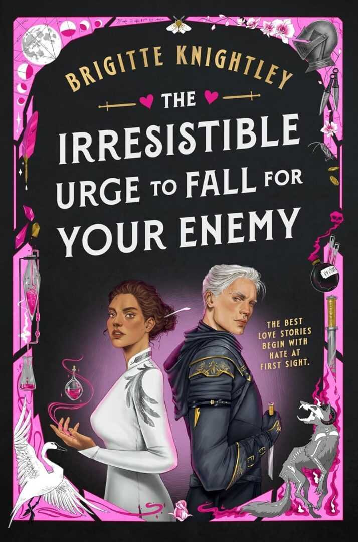Book cover for The Irresistible Urge to Fall for Your Enemy by Brigitte Knightley (Dearly Beloathed, 1 of 2), a BookTok romance, with a woman in white and a man in black armor standing back to back amid magical, romantic art.