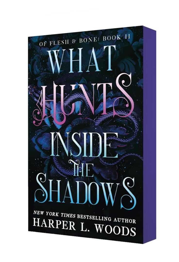 What Hunts Inside the Shadows by Harper L. Woods (Of Flesh and Bone, 2 of 5) is a bestselling romance paperback featuring dark, swirling floral cover art with a purple spine.