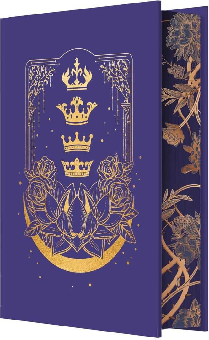 The Never List (Deluxe Limited Edition) by Jade Presley is a purple hardcover Romance Novel trending on BookTok, featuring three gold crowns above ornate floral designs and intricate gold patterns on the cover and page edges.