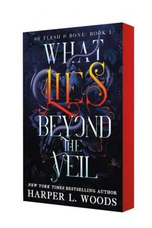 What Lies Beyond the Veil by Harper L. Woods (Of Flesh and Bone, 1 of 5) is a popular romance novel with a dark cover featuring ethereal blue and orange swirls plus a faint dragon outline, often seen in viral book lists.
