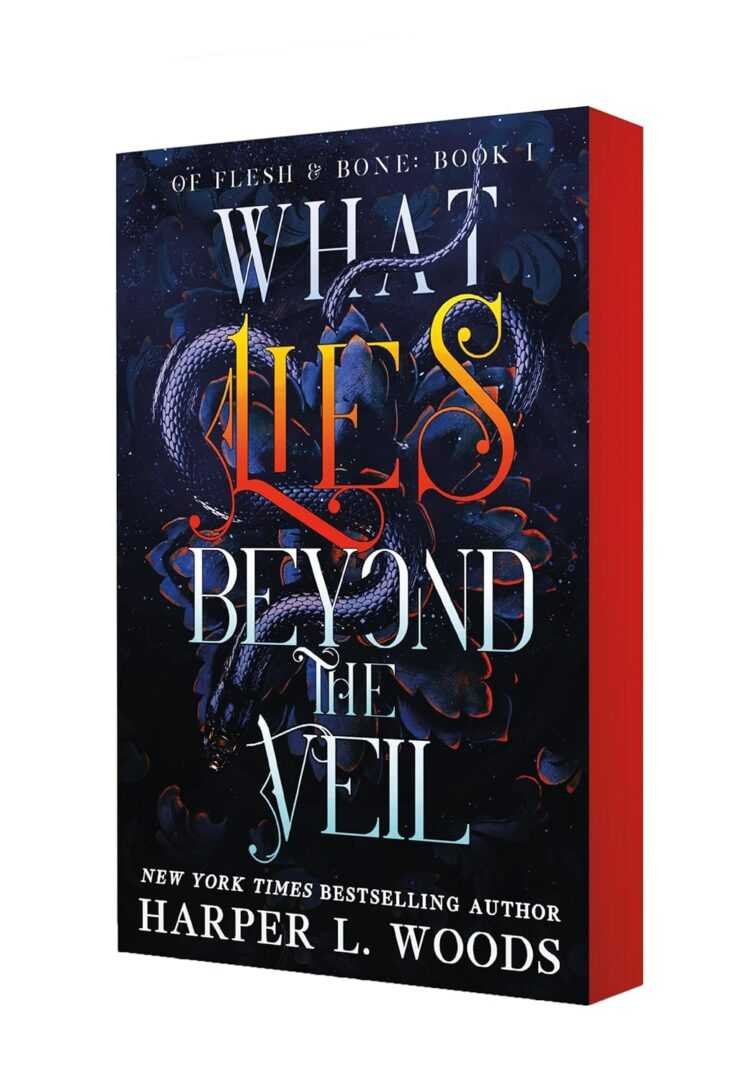 What Lies Beyond the Veil by Harper L. Woods (Of Flesh and Bone, 1 of 5) is a popular romance novel with a dark cover featuring ethereal blue and orange swirls plus a faint dragon outline, often seen in viral book lists.