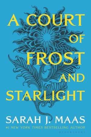 Book cover for A Court of Frost and Starlight by Sarah J. Maas (A Court of Thorns and Roses, 4 of 5): title in large yellow letters on blue with intricate frost-like floral design; author’s name at the bottom.