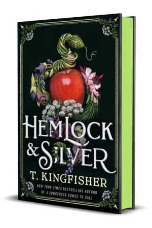 A 3D-rendered cover of Hemlock & Silver by T. Kingfisher shows a red heart wrapped in flowers and greenery on a black background, with light green spine and page edges. It's popular in viral book recommendations.