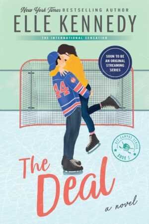 A young couple embraces on an ice rink in front of a hockey goal. The man wears a jersey and lifts the woman, dressed in a yellow sweater and black jeans. The bold red title “The Deal by Elle Kennedy (Off-Campus, 1 of 5)” highlights this trending BookTok romance.