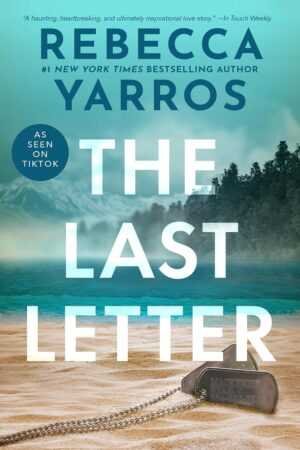 Paperback cover of The Last Letter by Rebecca Yarros, a viral TikTok hit in Contemporary Fiction, featuring dog tags on a sandy beach with misty trees and a lake—badges highlight its bestselling status.