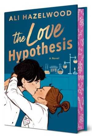 Book cover of The Love Hypothesis by Ali Hazelwood, a contemporary fiction bestseller, shows an illustrated couple in lab coats kissing in a lab setting with scientific glassware and pink science-themed patterns on the edges.