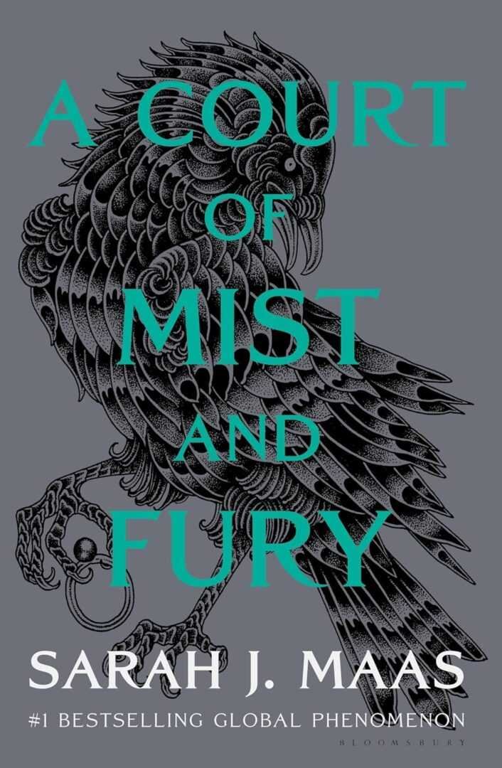 Book cover for A Court of Mist and Fury by Sarah J. Maas (A Court of Thorns and Roses, 2 of 5), with teal text over a detailed black and gray bird illustration, the author’s name, and a viral book recommendations note at the bottom.