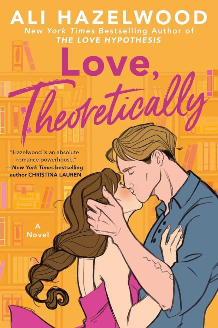Bestselling paperback of Love, Theoretically by Ali Hazelwood with an illustrated cover showing a couple embracing near bookshelves; an ideal pick for fans of trending BookTok titles.