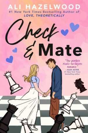 Illustrated cover of Check & Mate by Ali Hazelwood: a blonde woman in a white dress holds hands with a brown-haired man amid large chess pieces on a pink background with purple hearts. A Trending BookTok and Contemporary Fiction favorite.