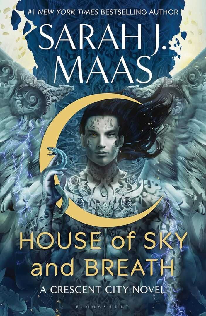 Book cover for House of Sky and Breath by Sarah J. Maas (Crescent City, 2 of 3) shows a mystical winged figure with long hair, tattoos, and a snake among blue and gold designs. Includes author and title text. Trending on BookTok.