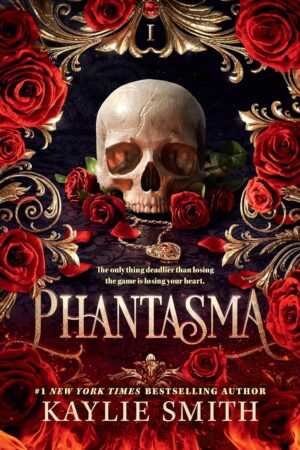 A jeweled skull with red roses and gold filigree is at the center of a dark, ornate book cover. For fans of viral book picks, Phantasma by Kaylie Smith (Wicked Games, 1 of 2) stands out in bold letters at the bottom.