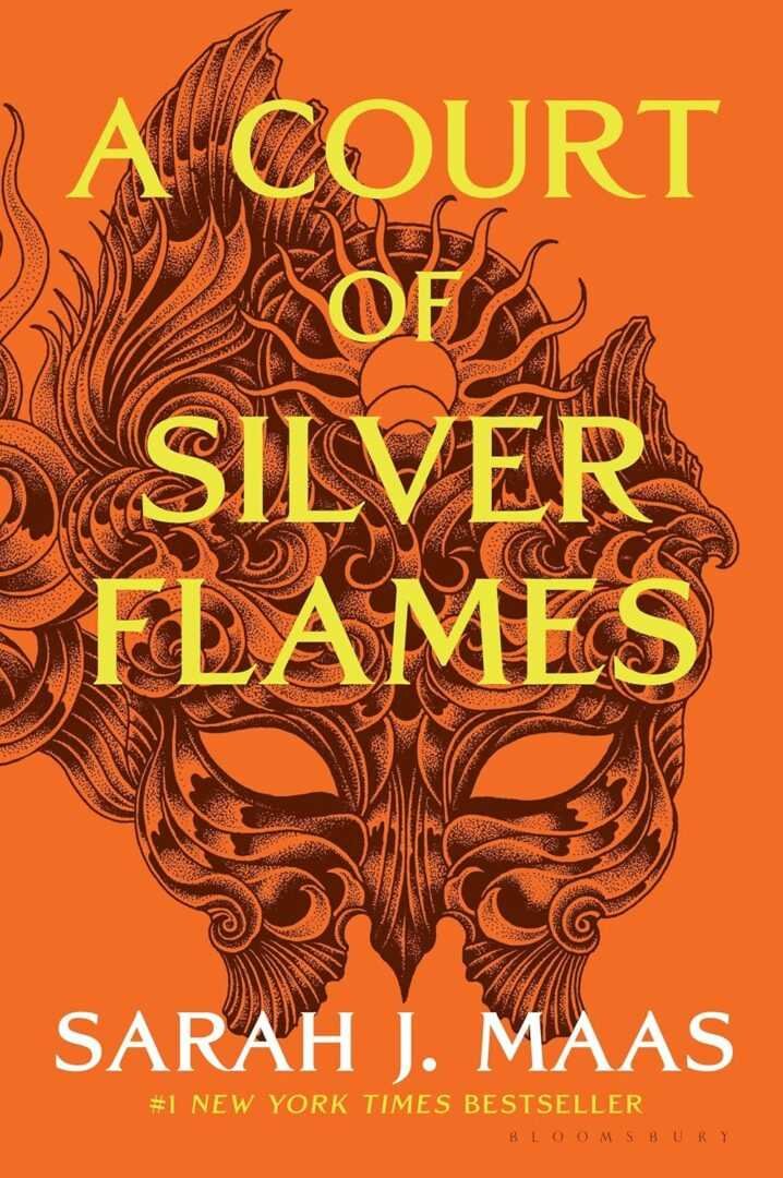 Book cover of A Court of Silver Flames by Sarah Maas (A Court of Thorns and Roses, 5 of 5), showing an ornate, dark feather mask on orange with the title and author’s name in bold yellow lettering.