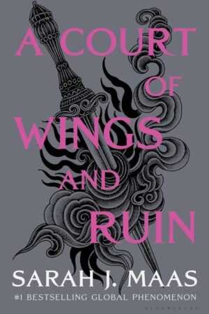 A black and gray sword with swirling smoke appears on a dark gray background. Large pink text reads "A Court of Wings and Ruin by Sarah J Maas (A Court of Thorns and Roses, 3 of 5)," a viral book recommendation.