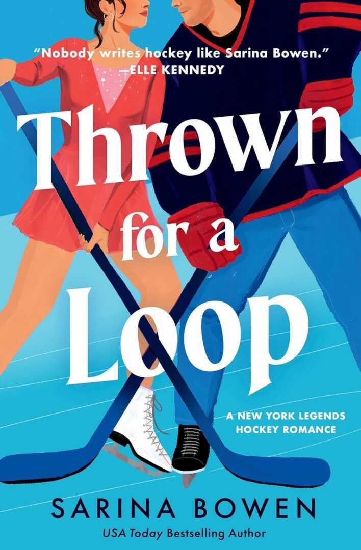 Bestselling BookTok pick Thrown for a Loop by Sarina Bowen (New York Legends Hockey Romance, 1 of 2) features a woman in a red dress and white skates with a man in a hockey jersey, black skates, standing close with crossed hockey sticks.