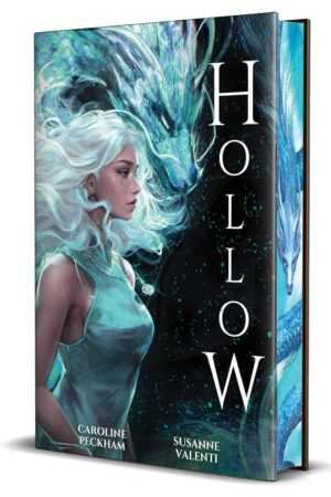 Hollow by Caroline Peckham & Susanne Valenti (Crown of Hearts and Chaos, 1 of 2) featured in Viral Book Recommendations, has a cover with a white-haired woman in a blue dress and a glowing blue dragon behind her.