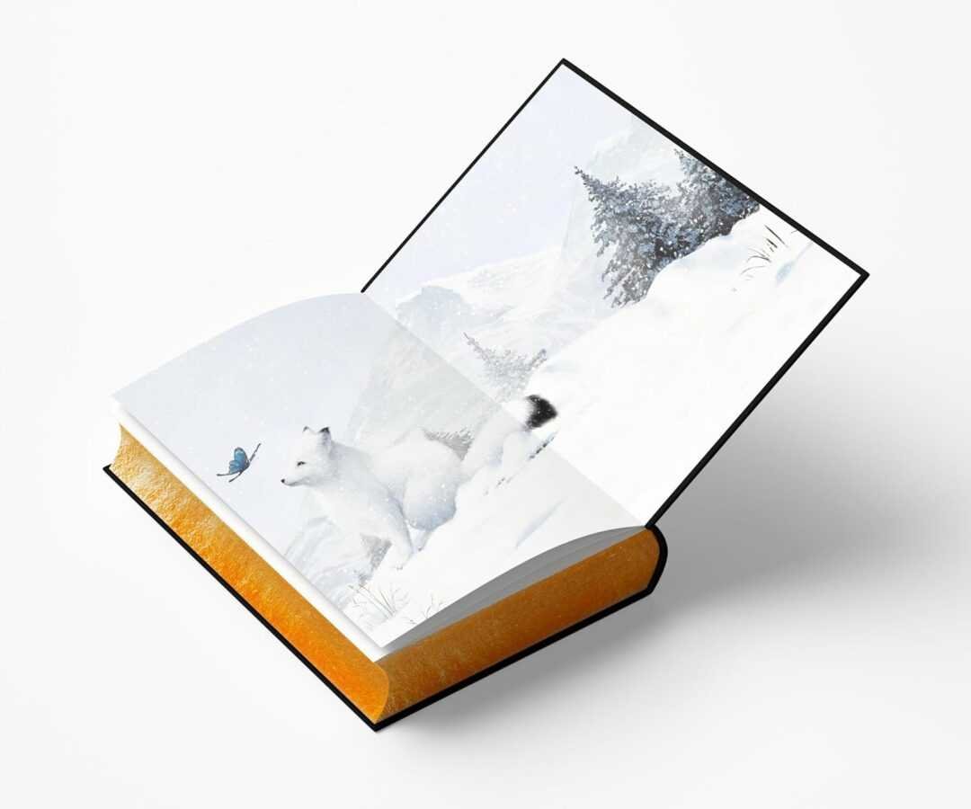 An open deluxe limited edition paperback of *Brimstone* by Callie Hart (Fae & Alchemy, 2 of 3) displays an illustration of a white arctic fox in snowy mountains with pine trees and a blue butterfly; gold shimmers on its pages and edges.