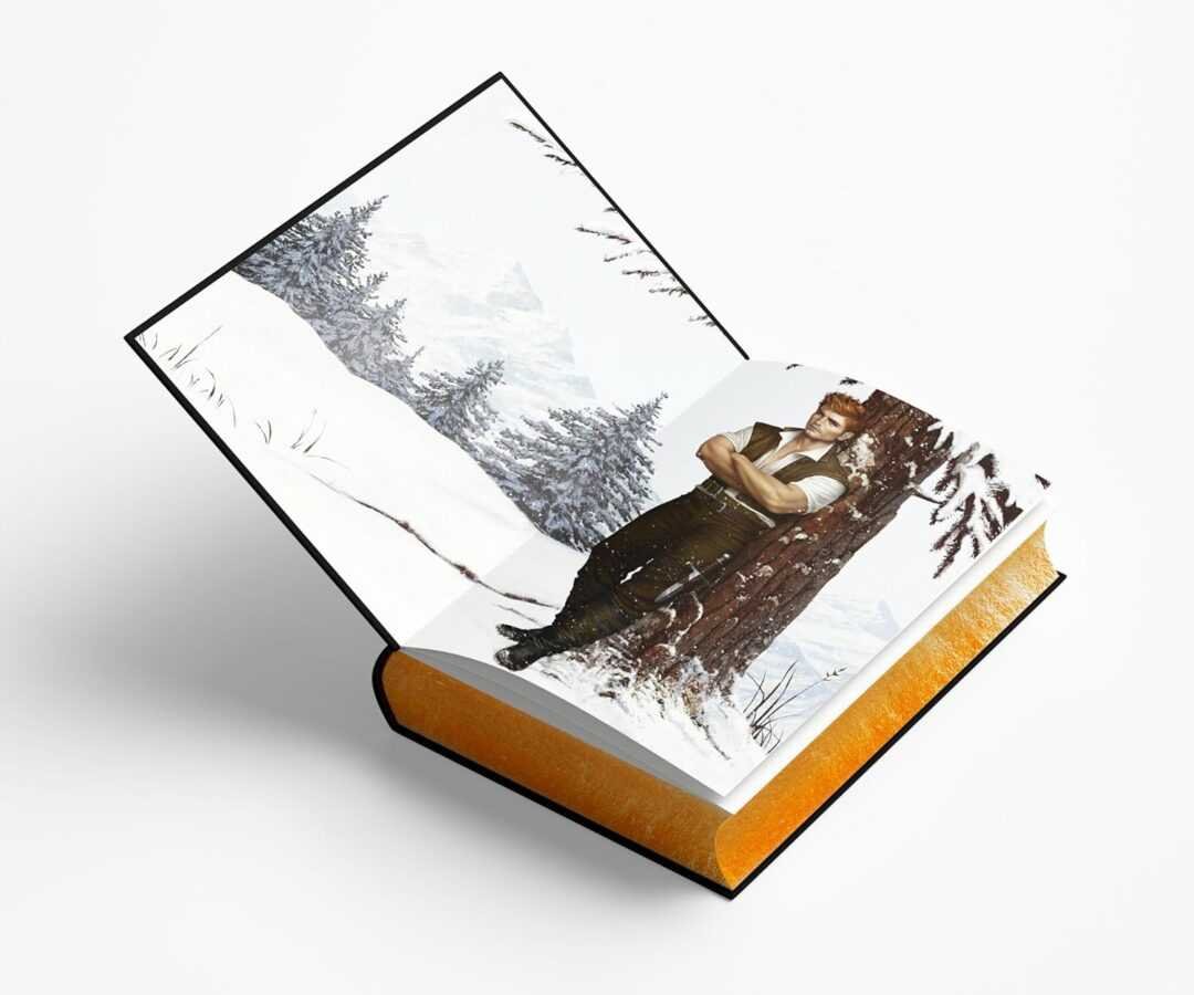 An open book with a 3D illustration of a man in winter clothes by snowy trees and mountains, appearing as if he’s emerging from the pages of Brimstone (Deluxe Limited Edition) by Callie Hart (Fae & Alchemy, 2 of 3).
