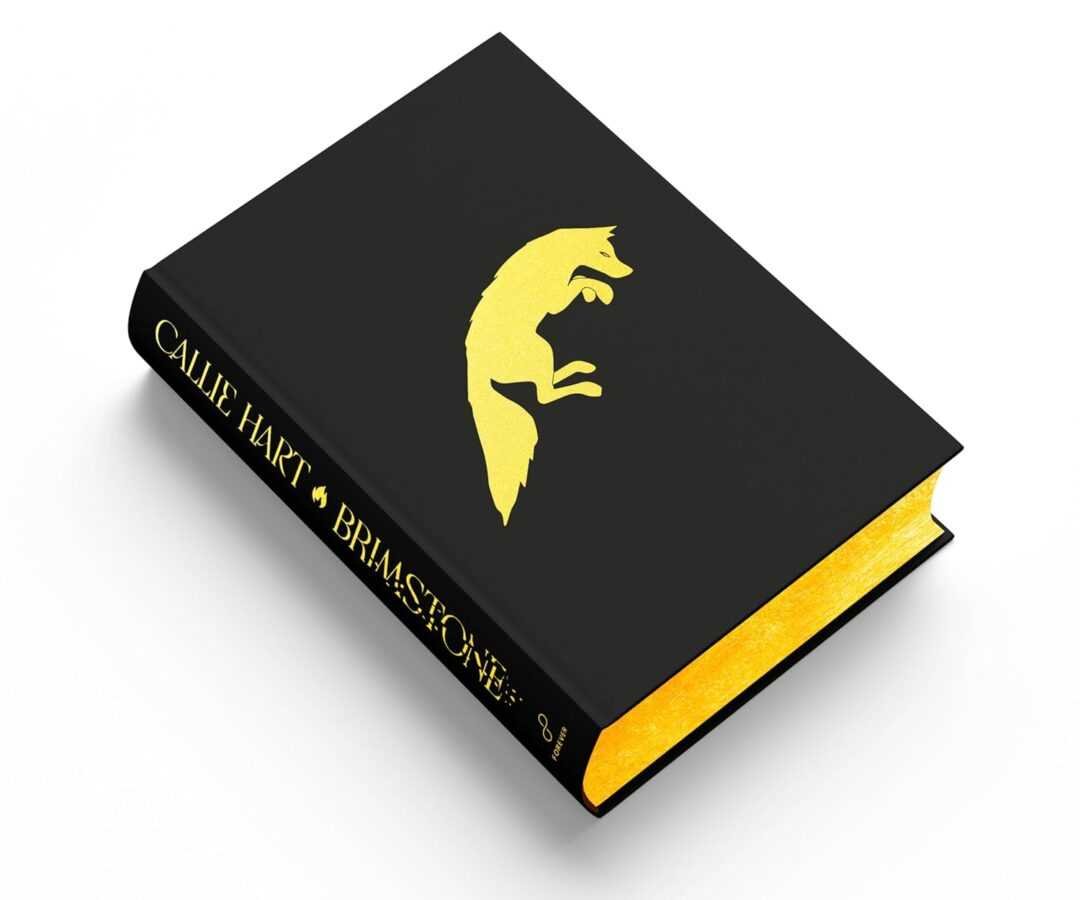 The Brimstone (Deluxe Limited Edition) by Callie Hart features a black hardcover, gold-edged pages, and a gold leaping fox design. The spine displays the title and author in gold, making it stand out in bestselling Contemporary Fiction.