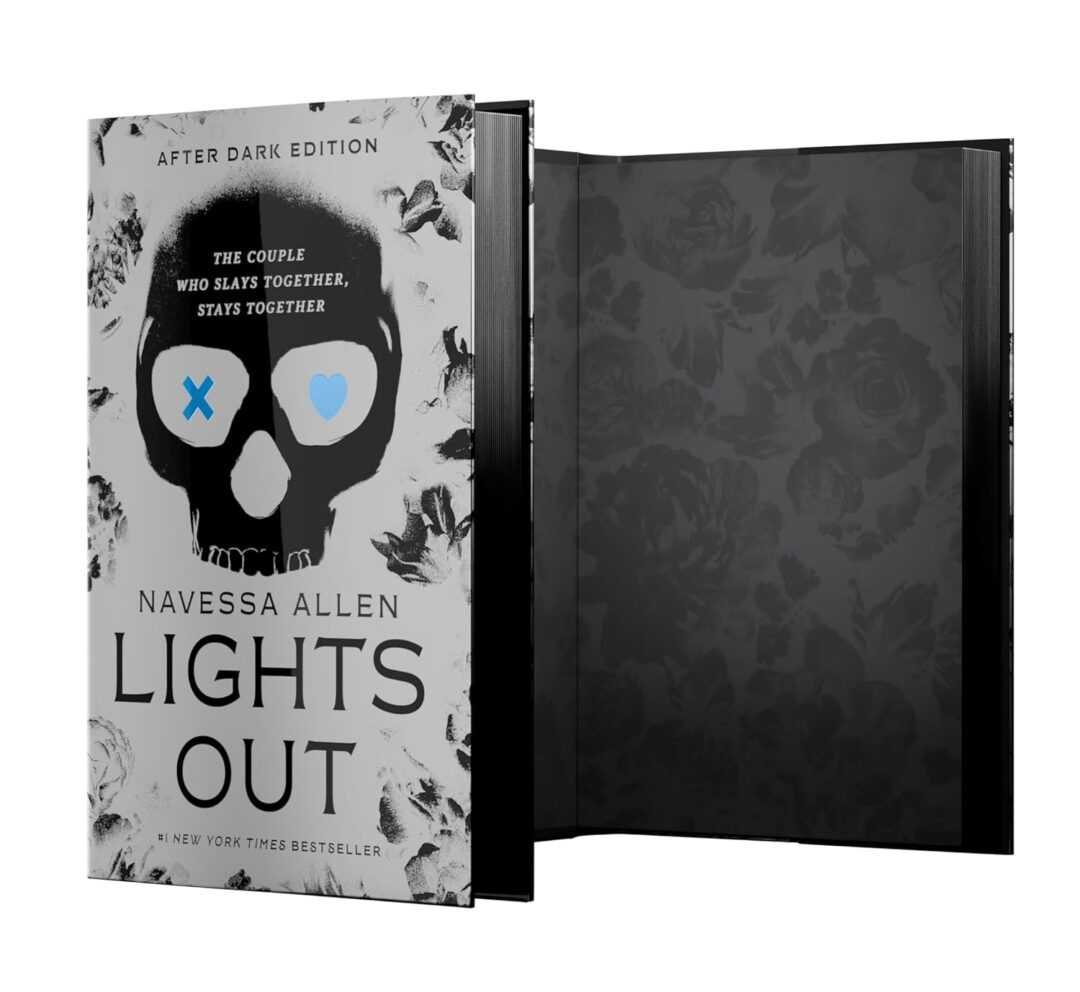 The collector’s edition hardcover of Lights Out by Navessa Allen (Into Darkness, 1 of 3), a trending BookTok book, features a black skull with blue X and heart eyes, floral accents, and the tagline: “The couple who slays together, stays together.”.