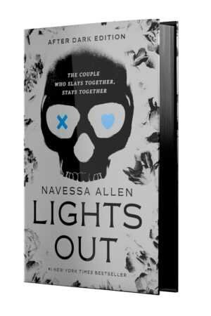 Lights Out (Collector's Edition) by Navessa Allen (Into Darkness, 1 of 3), a Trending BookTok pick, features a black skull with a blue X and heart eyes among black and white flowers. The cover reads: The couple who slays together, stays together.