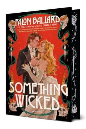 Book cover for "Something Wicked by Falon Ballard (Idle Reputations)," shows a suited man and a woman in a white dress gazing at each other, surrounded by ornate designs, skulls, and set against a vibrant red background.