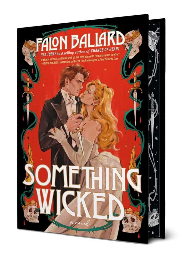 Book cover for "Something Wicked by Falon Ballard (Idle Reputations)," shows a suited man and a woman in a white dress gazing at each other, surrounded by ornate designs, skulls, and set against a vibrant red background.