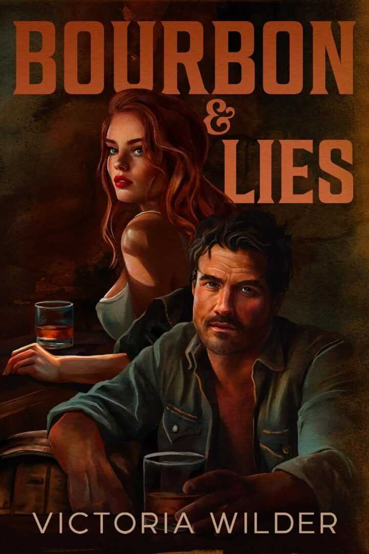 A book cover for Bourbon & Lies by Victoria Wilder (The Bourbon Boys, 1 of 3) shows a man and woman holding bourbon glasses at a bar, with the bold title above and the author's name below.
