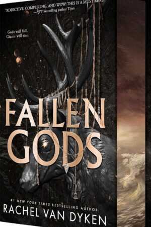 The deluxe limited edition of Fallen Gods by Rachel Van Dyken, a BookTok favorite, features a dark mystical stag with large antlers, golden chains, and a stormy background, plus bold metallic lettering for the title and author's name.