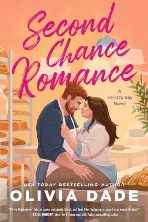 A bearded man and a woman embrace in a bakery among shelves of bread and pastries. Second Chance Romance by Olivia Dade (Harlot's Bay, 2 of 2) is a heartfelt contemporary romance novel.