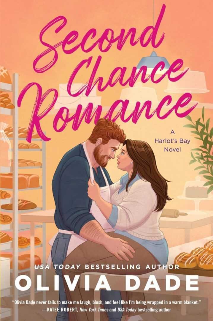 A bearded man and a woman embrace in a bakery among shelves of bread and pastries. Second Chance Romance by Olivia Dade (Harlot's Bay, 2 of 2) is a heartfelt contemporary romance novel.