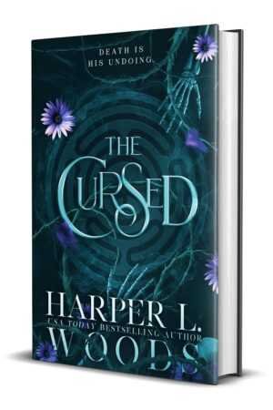 Trending BookTok Books: 3D render of The Cursed by Harper L. Woods (Coven of Bones, 2 of 4). The cover features skeleton hands, purple flowers, a blue maze-like design, and the line "Death is his undoing" at the top.