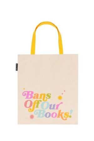 The Bans Off Our Books Tote is a white bag with yellow handles, perfect for carrying your favorite bestselling paperback or romance novel.