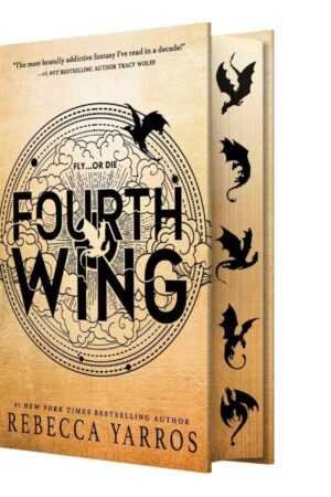 The hardcover of Fourth Wing (Wing and Claw Collection) by Rebecca Yarros showcases black dragons and ornate designs on a tan background, with bold black title text and decorative accents along the spine and edges.