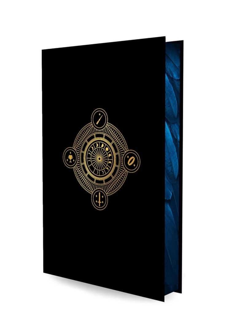 A black book titled "A Vow in Vengeance by Jaclyn Rodriguez (Immortal Desires)" features an intricate gold geometric cover and pages with a blue feather like pattern, creating an enchanting look.