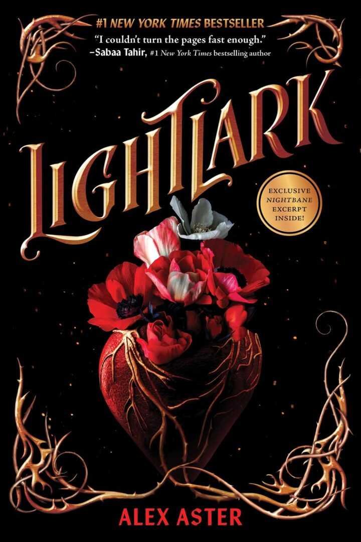 Book cover for Lightlark by Alex Aster (The Lightlark Saga, 1 of 4), a trending BookTok novel. Features an ornate red heart-shaped container with red, white, and black flowers, golden vines on a black background, a review quote, and gold sticker.
